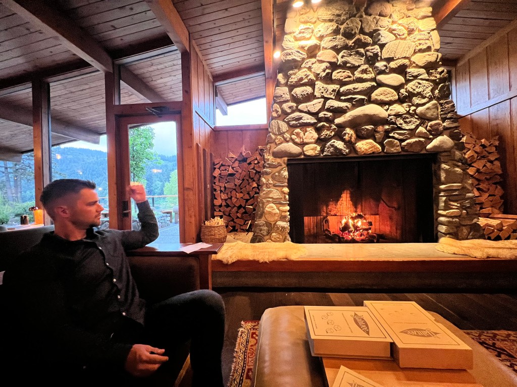 A man sitting on a couch in a rustic room with a stone fireplace, flames flickering, and firewood stacked nearby. Large windows show a green landscape outside.